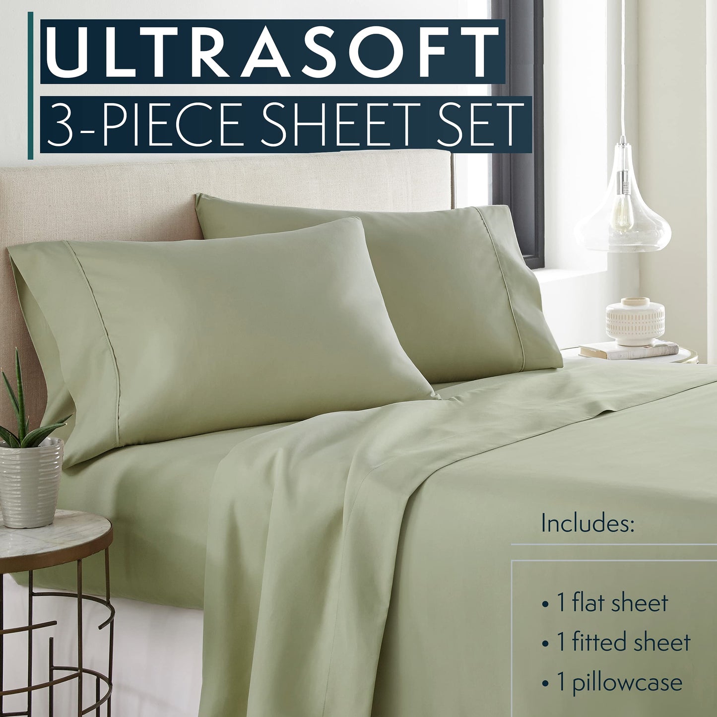 Twin Sheets Set, 3 pc Bed Sheets & Pillowcase Set - Machine Washable for Easy Care - Soft & Breathable All Season Microfiber Sheets with Deep Pockets - Sage