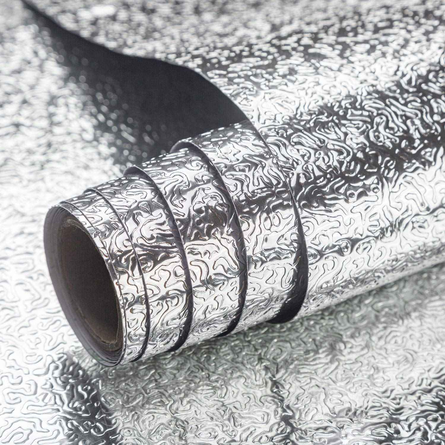 16"x354" Silver Contact Paper Metallic Look kitchen Backsplash Peel and Stick Wallpaper Oil Proof Waterproof Aluminum Foil Wall Sticker Adhesive Paper for Cabinets Shelf Liner Removable Heat Resistant