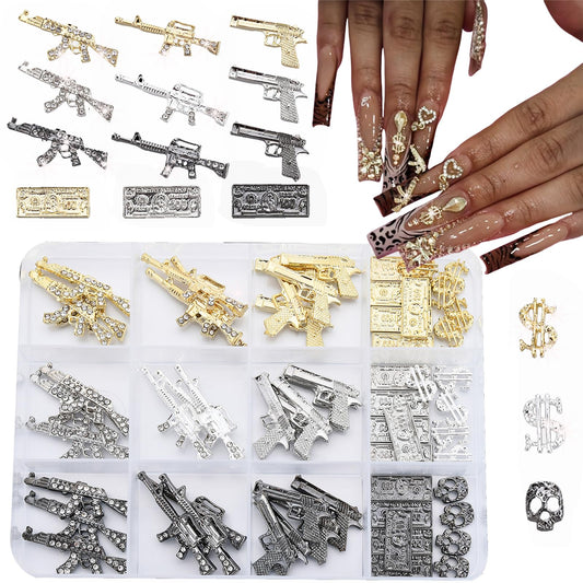 ZUMILLMN 63PCS 3D Gun&Dollar Nail Charms for Alloy Nails,Gold Silver Black Alloy Nail Art Decoration, Nail Stones Nail Jewels Accessories for Nail Art Supplies Manicure Craft DIY