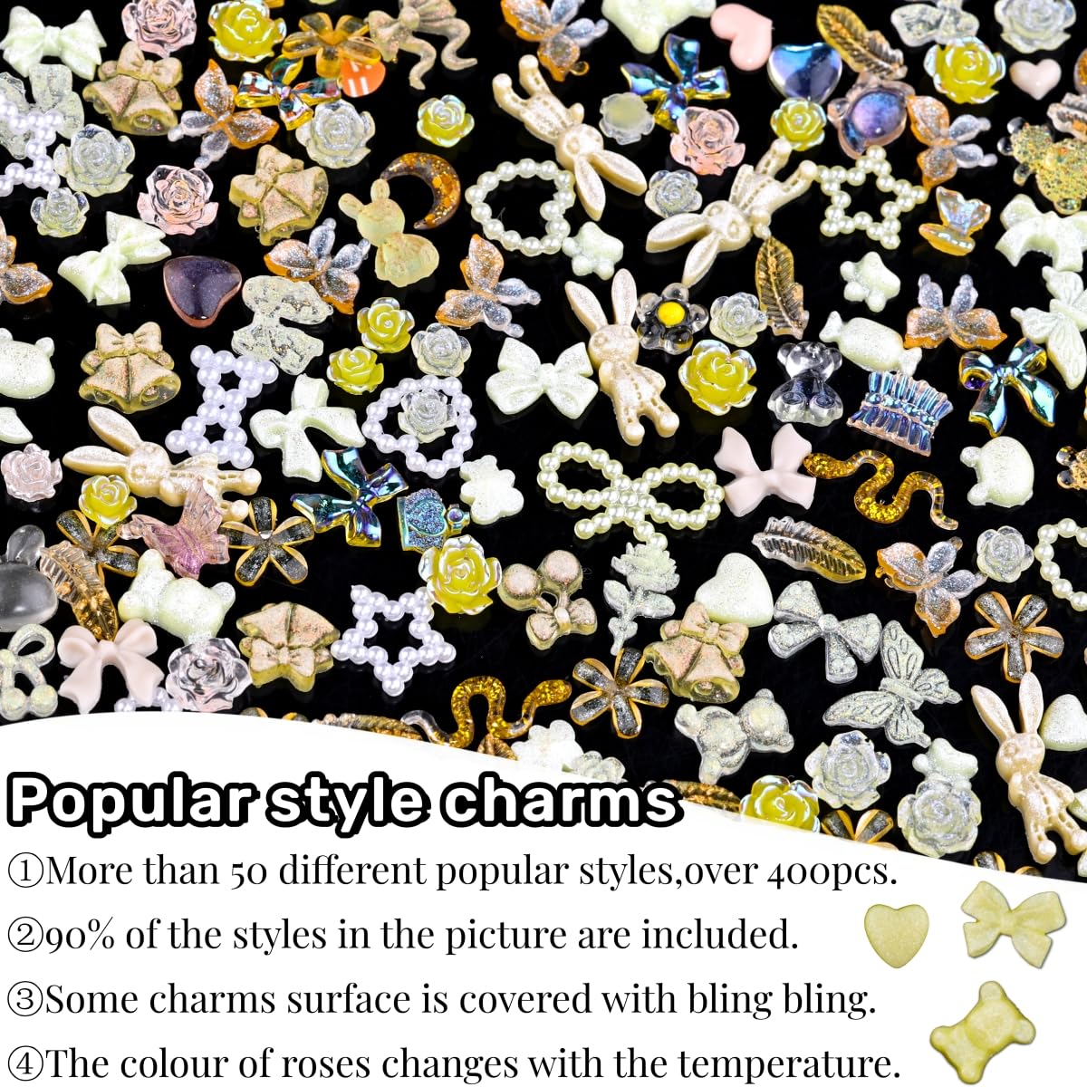 Umillars 400pcs Butterfly Bow Bear Snake Rabbit Moon Heart Rose Flowers Nail Art Charms with 450pcs Special Shape Flatback Rhinestones and Polymer Slices for Nail Art Designs (Yellow)