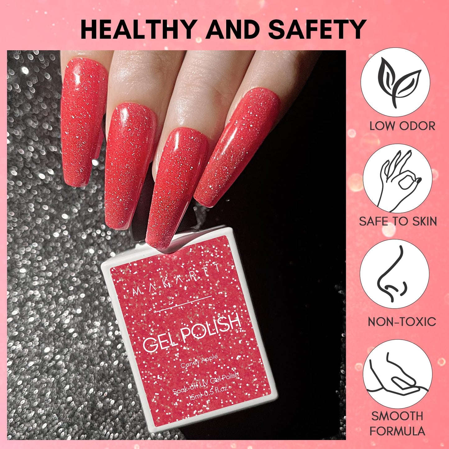 Makartt Glitter Nail Polish, Flash Diamond Red Reflective Spring Nail Gel 15ML Soak Off UV LED Sparkly Shiny Gel Polish Manicure DIY Nail Art Designs Home Salon-Candy Apple