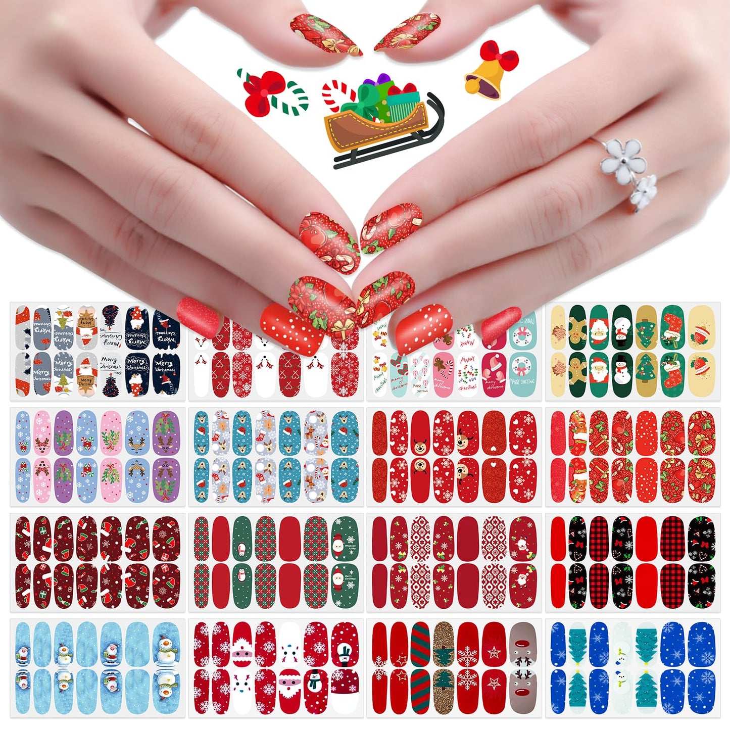 JERCLITY 224 Pieces 16 Sheets Christmas Nail Wraps Self-Adhesive Christmas Nail Polish Strips Santa Claus Snowflake Snowman Nail Strips Nail Stickers Full Nail Wraps for Women Nail Art