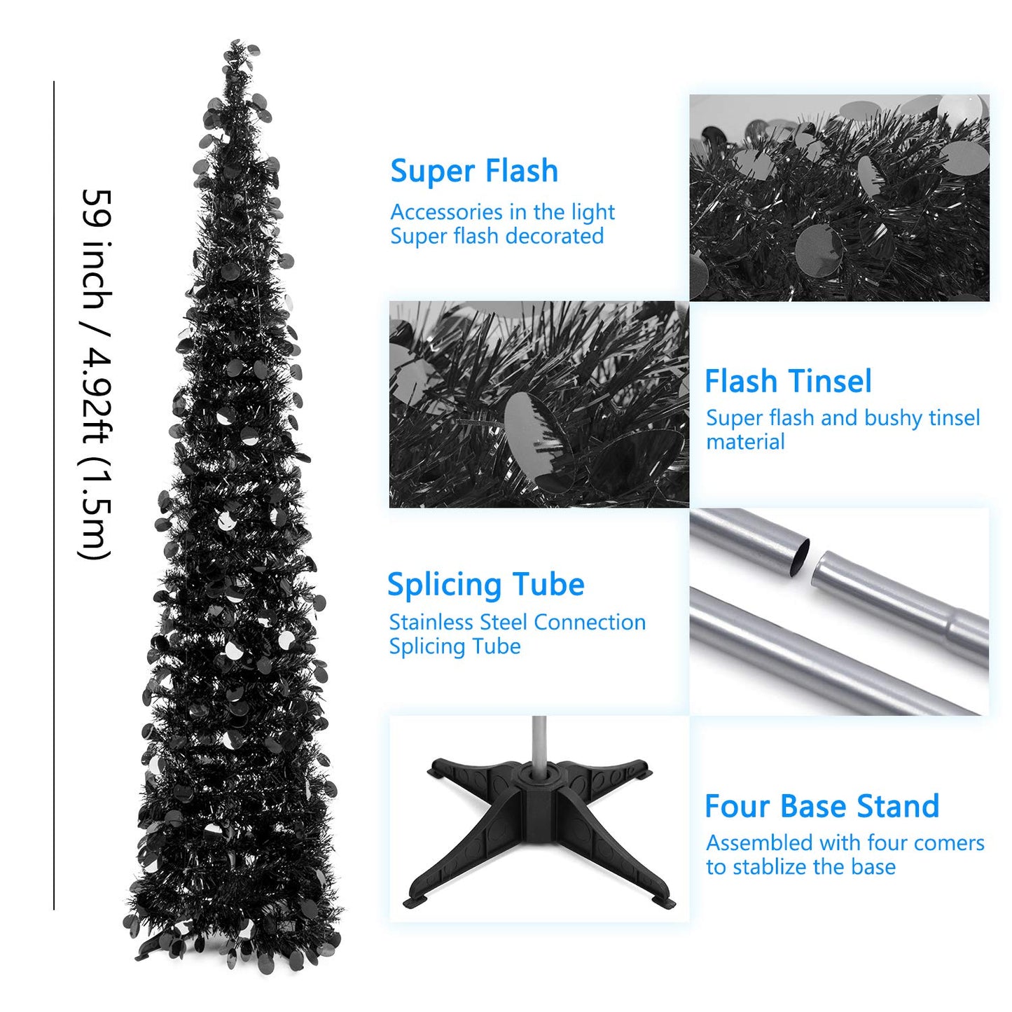 MACTING Halloween Black Tree with Lights, 5ft Pop Up Christmas Tinsel Coastal Glittery Pencil Tree for Home Holiday Party Xmas Decorations