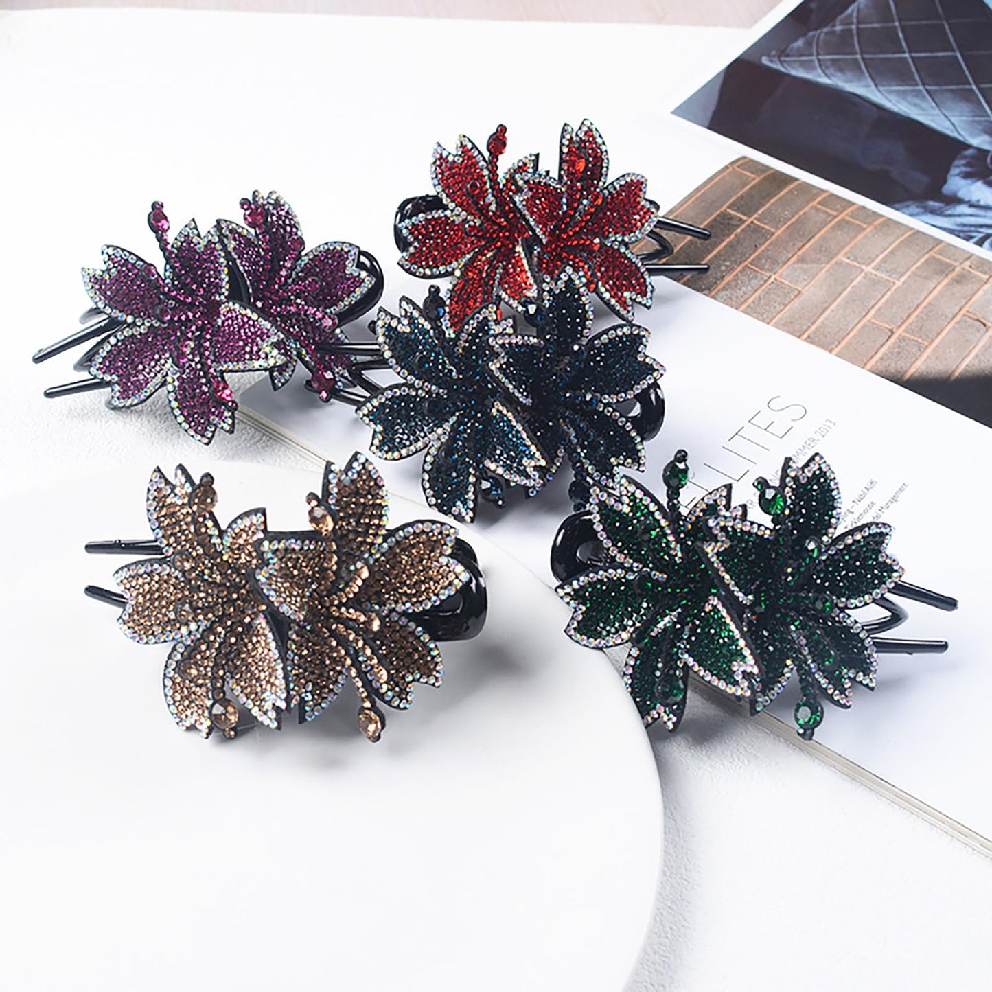 5Pcs Shiny Crystal Hair Clips,Double Flower Hair Clip,Cute Flower Duckbill Hair Clip for Thick Hair,Fancy Rhinestones Hair Accessories,Decorative Hair Clips for Women（Red Blue Green Gold Purple）