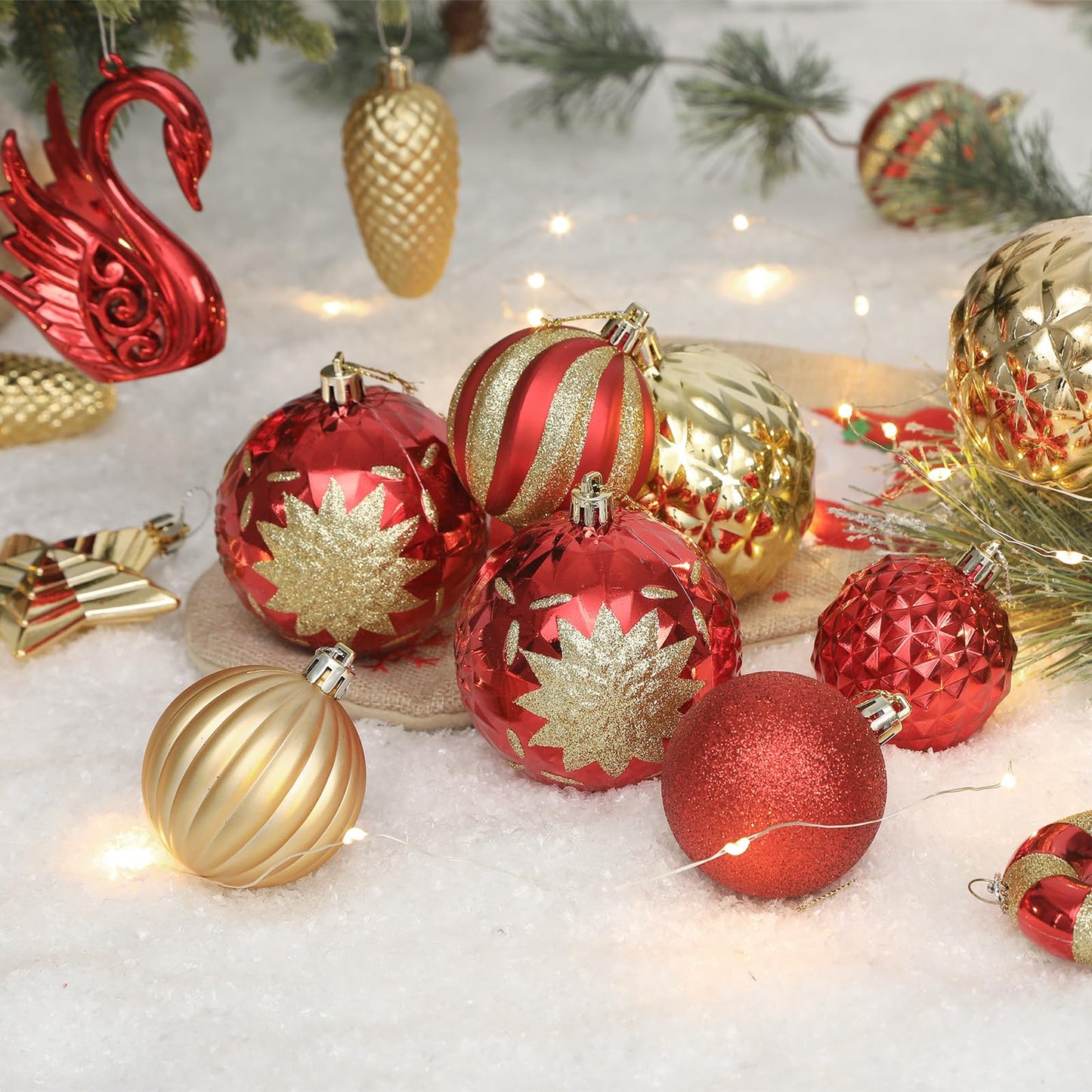 Alupssuc 128pcs Christmas Balls Ornaments Set, Shatterproof Plastic Baubles Christmas Flowers, Ribbon and Tree Topper for Xmas Tree Holiday Wedding Party Decorations with Hanging Strings, Red and Gold