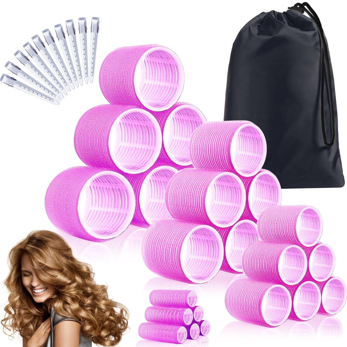 34Pcs Hair Roller Set with Clips, Self-Grip Hair Rollers for Volume, Salon Hairdressing Curlers and DIY Hairstyles, 4 Sizes Rollers Hair Curlers in a Storage Bag