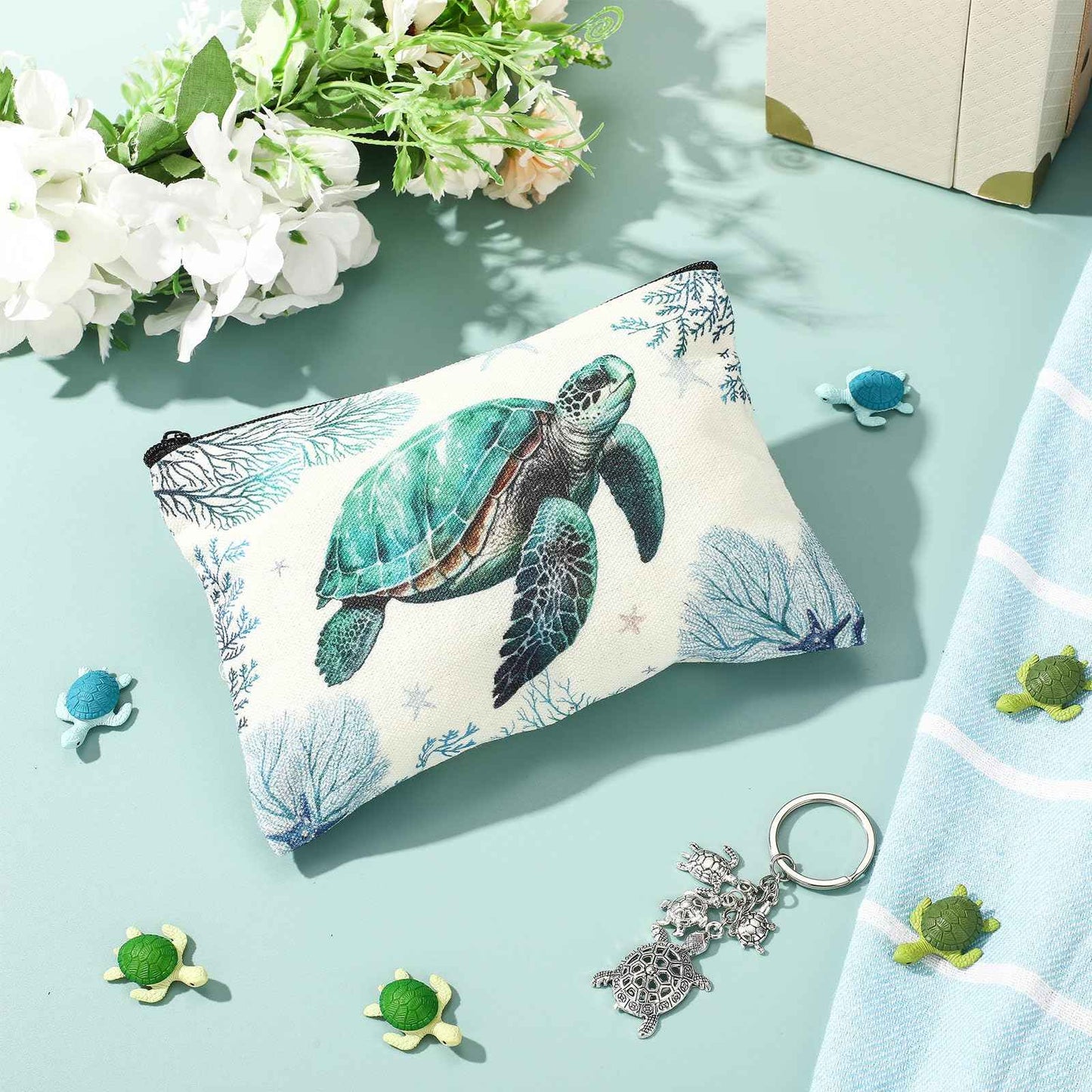 Yeyeplum Sea Turtle Lover Gifts for Women Birthday Gifts Baskets Set Include Canvas Tote Bag, Makeup Bag, Socks, Keychain, Enamel Mug, Small Figurines for Mom, Wife, Sister, Friend