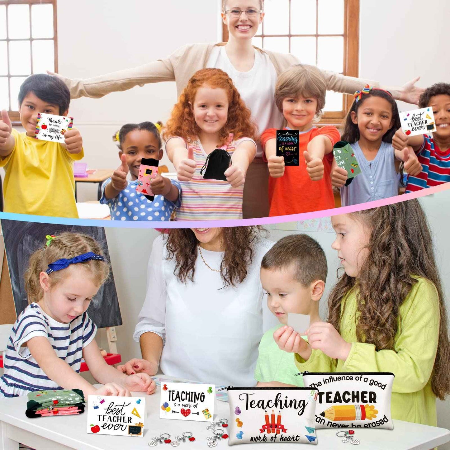 Eaasty 36 Sets Teacher Appreciation Gifts Bulk Makeup Pouch Cosmetic Pencil Bag Keychains Inspirational Notebooks Cards and Socks for Teacher Appreciation Graduation Gifts