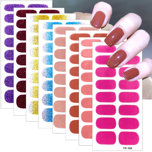 8 Sheets Semi Cured Nail Polish Stickers Gradient Glitter Solid Color Gel Nail Stickers Full Nail Wraps Self Adhesive Multicolored Nail Polish Strips for Women Girls Manicure Decoration Supplies