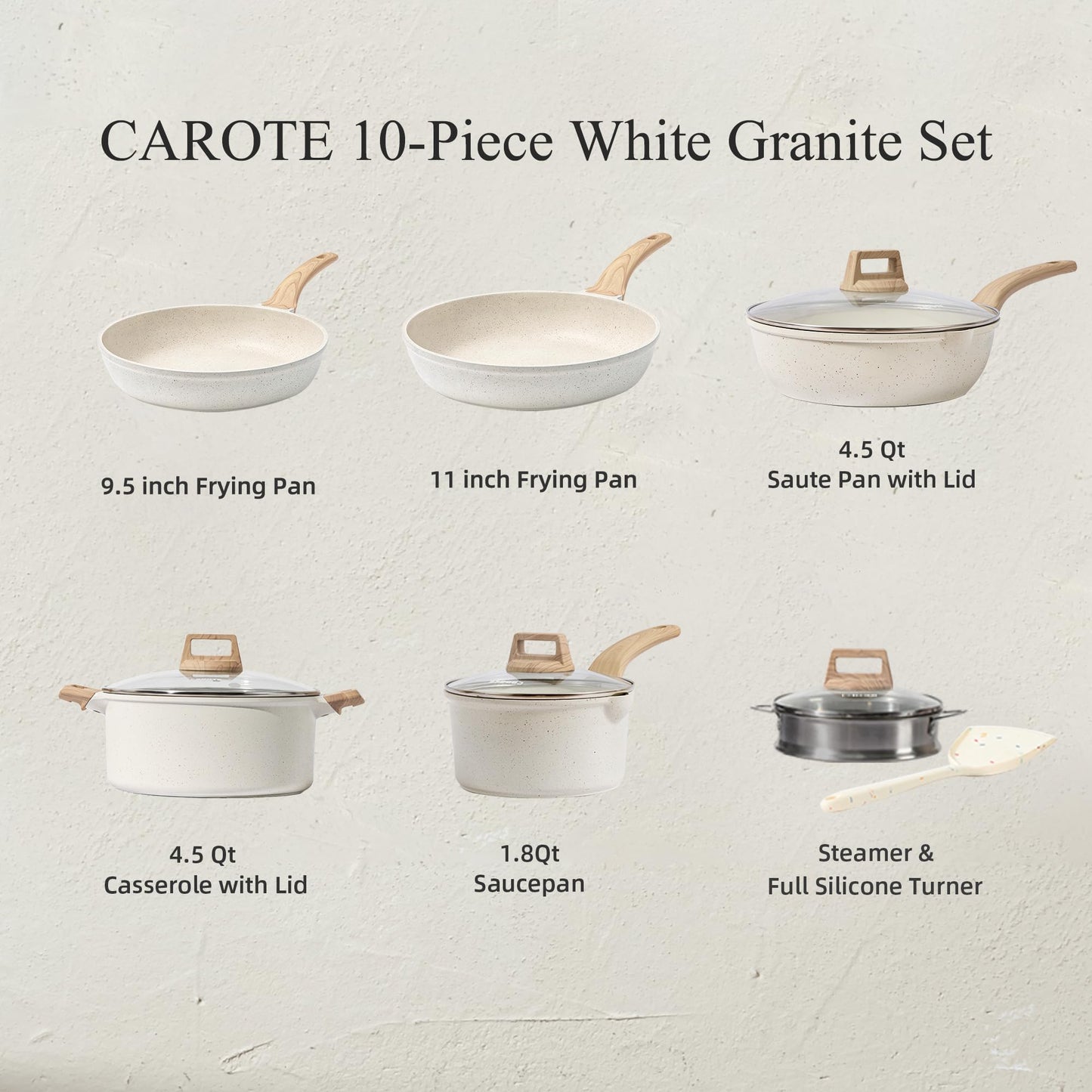 CAROTE Pots and Pans Set Nonstick, White Granite Induction Kitchen Cookware Set, 10 Pcs Non Stick Cooking Set w/Frying Pans & Saucepans(PFOS, PFOA Free)