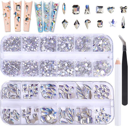 BELICEY Nail Art Rhinestones White Blue Flatback Round Rhinestones Charms Nail Gem Stones with K9 Bling Glass Crystals Diamonds Jewelry for Nail Design DIY Crafts Face Decoration