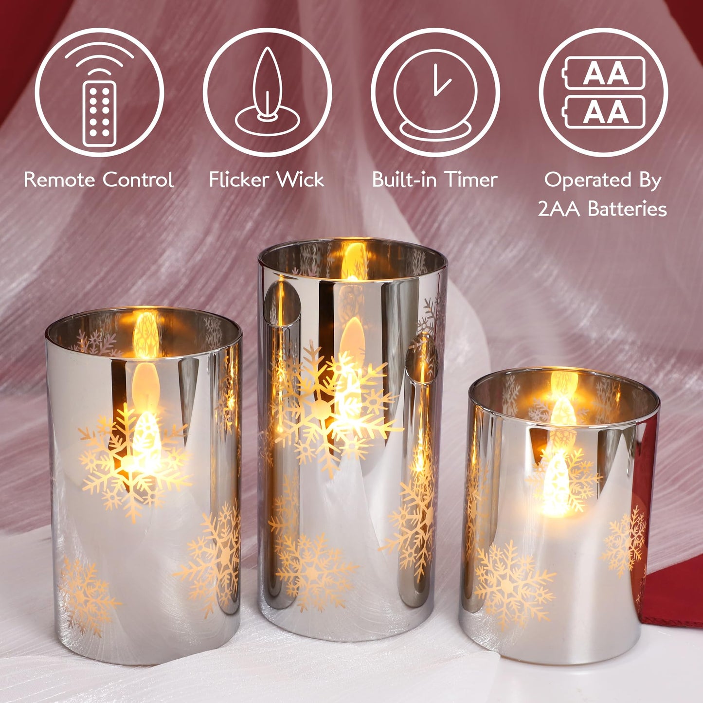 REVELBUNNY Christmas Flameless Candles Snowflake Battery Operated LED Flickering Candles with Remote Timer, Electroplate Glass Pillar Candle for Home Wedding Party Winter Holiday Decor Set of 3