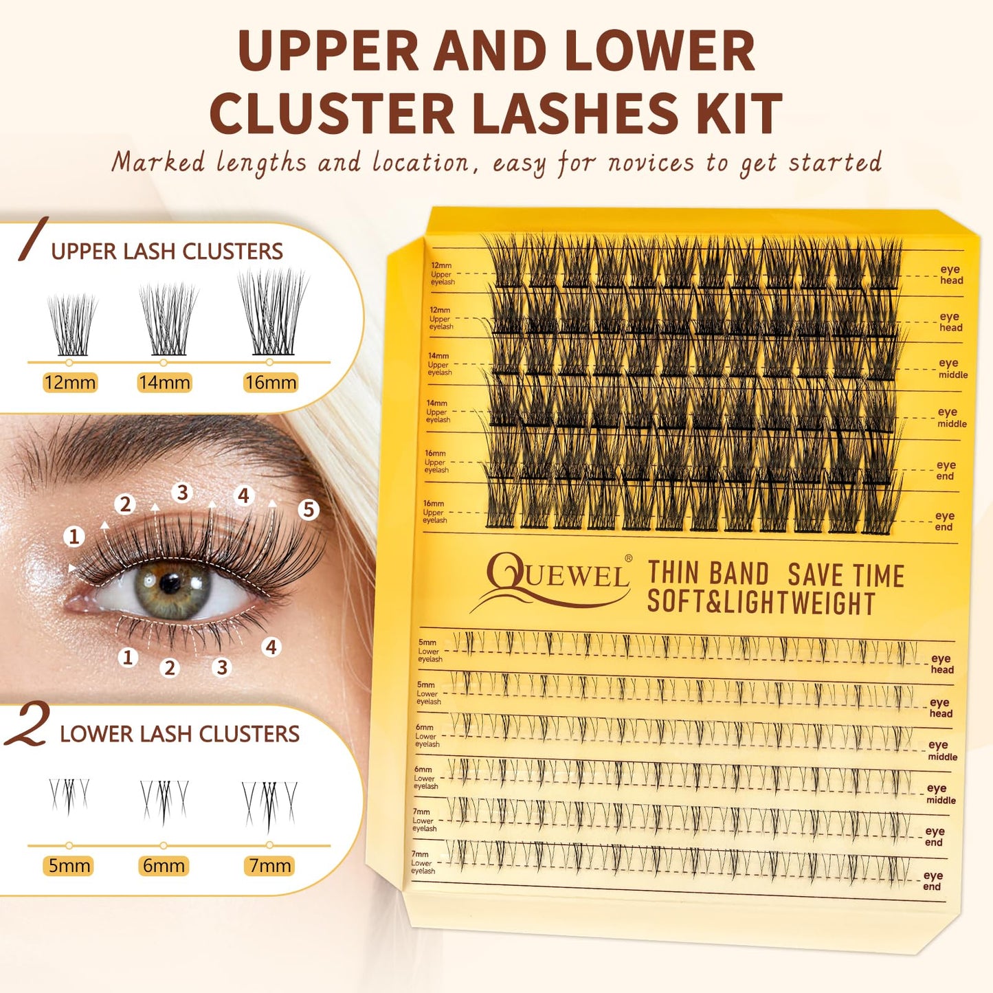 QUEWEL Cluster Lashes Kit Upper and Lower Eyelash Clusters with Long-Lasting Lash Clusters Bond, DIY Lash Extensions Can Be Completed In Three Steps, and Beginners Can Easily Use(Easy 01-MIX)