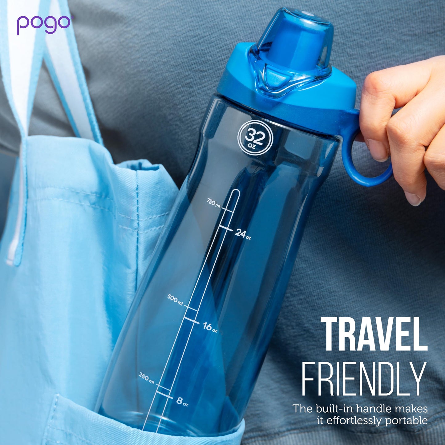 Pogo BPA-Free Tritan Plastic Water Bottle with Soft Straw, 40 Oz, Blue