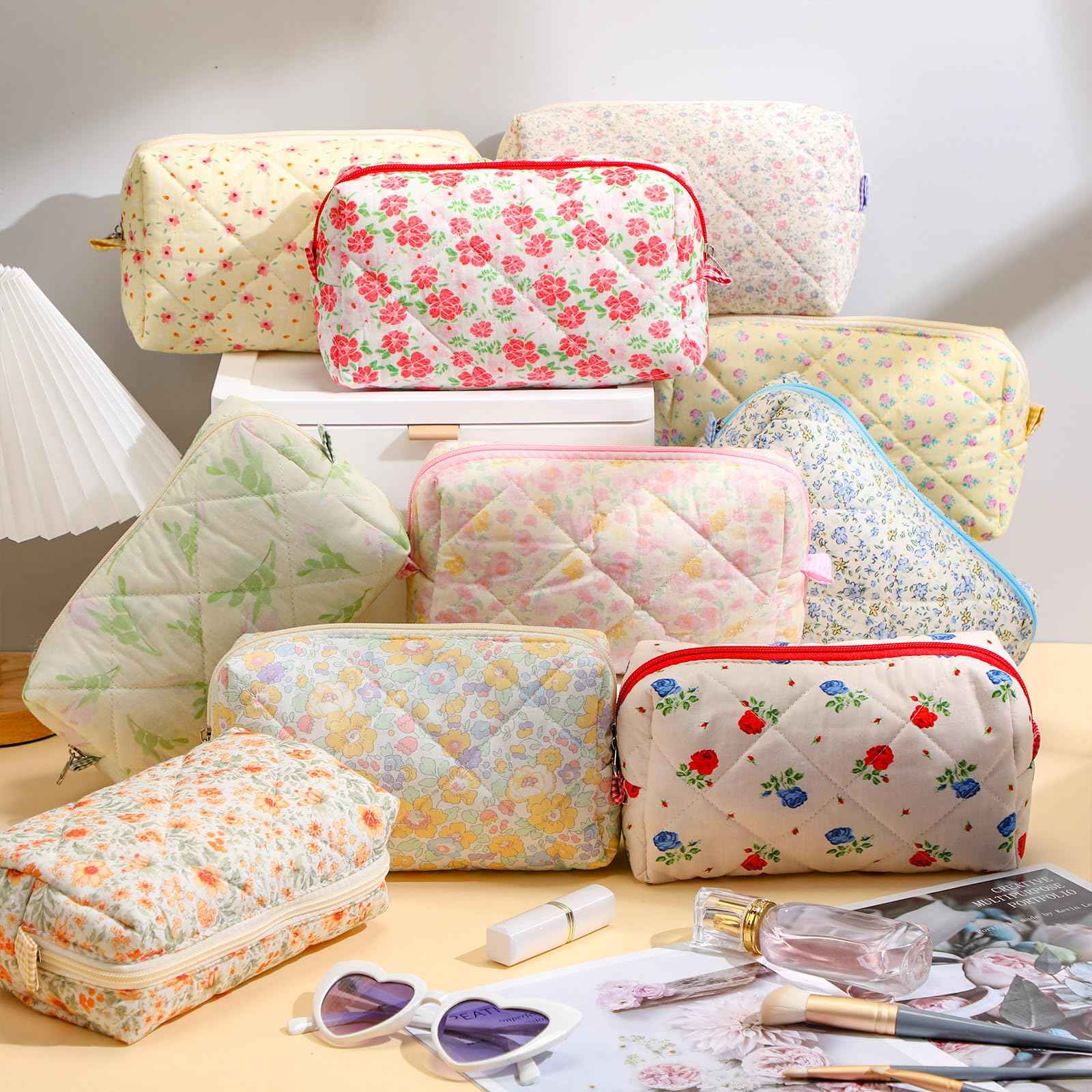 Paterr 10 Pcs Cotton Quilted Makeup Bag Bulk Cute Cosmetic Bag for Women Floral Gingham Coquette Aesthetic Travel Toiletry Pouch Bags Bridesmaid Gifts(Classic Style,7.87 x 4.72 x 3.15 Inches)