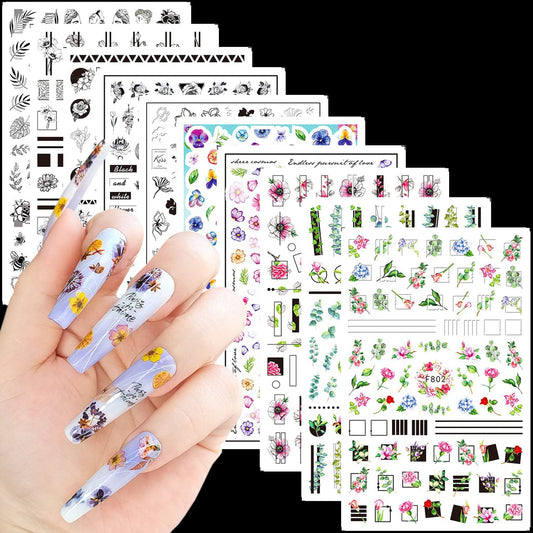 Flowers Nail Art Stickers, 3D Flower Nail Self-Adhesive Sticker Supplies, Colorful Floral Black Floral Nail Transfer Decals Design for Women Manicure Blossom Decoration, DIY Resin Flower Nail Art Tips