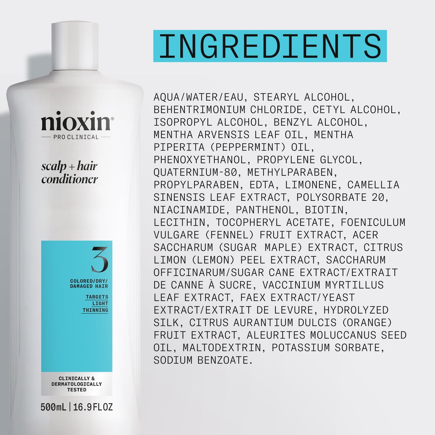 Nioxin System 3 Scalp + Hair Conditioner - Hair Thickening Conditioner for Damaged Hair with Light Thinning, 16.9oz