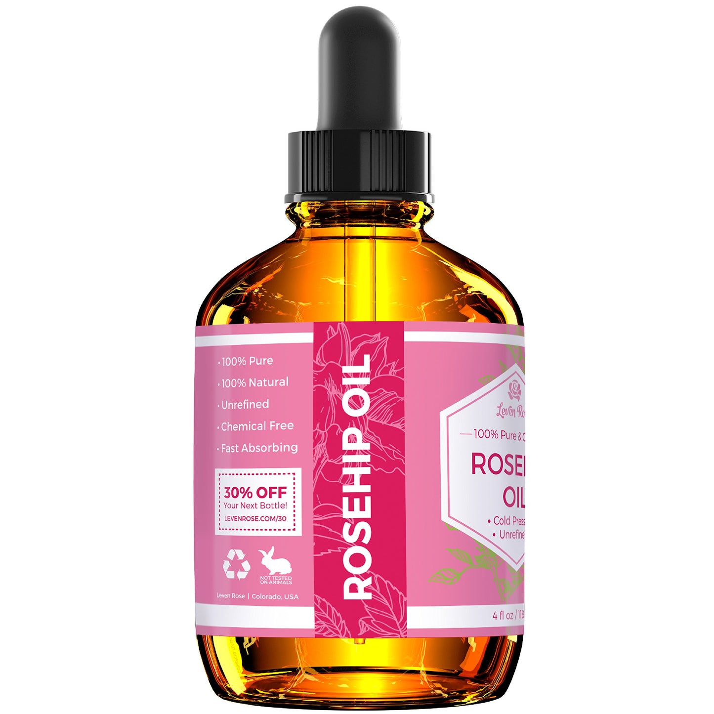 Leven Rose Rosehip Seed Oil for Face 4 oz - Pure Rosehip Oil for Face - Unrefined Cold Pressed Rosehip Oil for Body - Nighttime Face Moisturizer for Hair, Skin & Nails