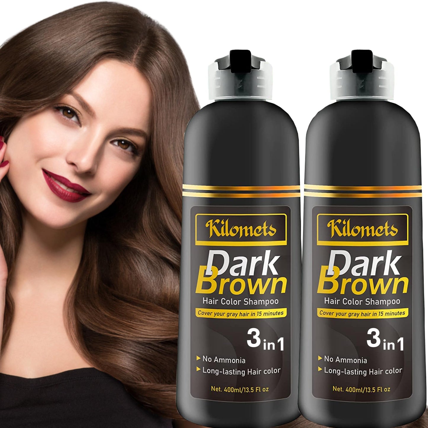 Kilomets Dark Brown Hair Dye Shampoo 400ml- 100% Grey Coverage in Minutes - Ammonia Free Hair Color Shampoo Gray Silver Hair (Dark Brown Pack 2)