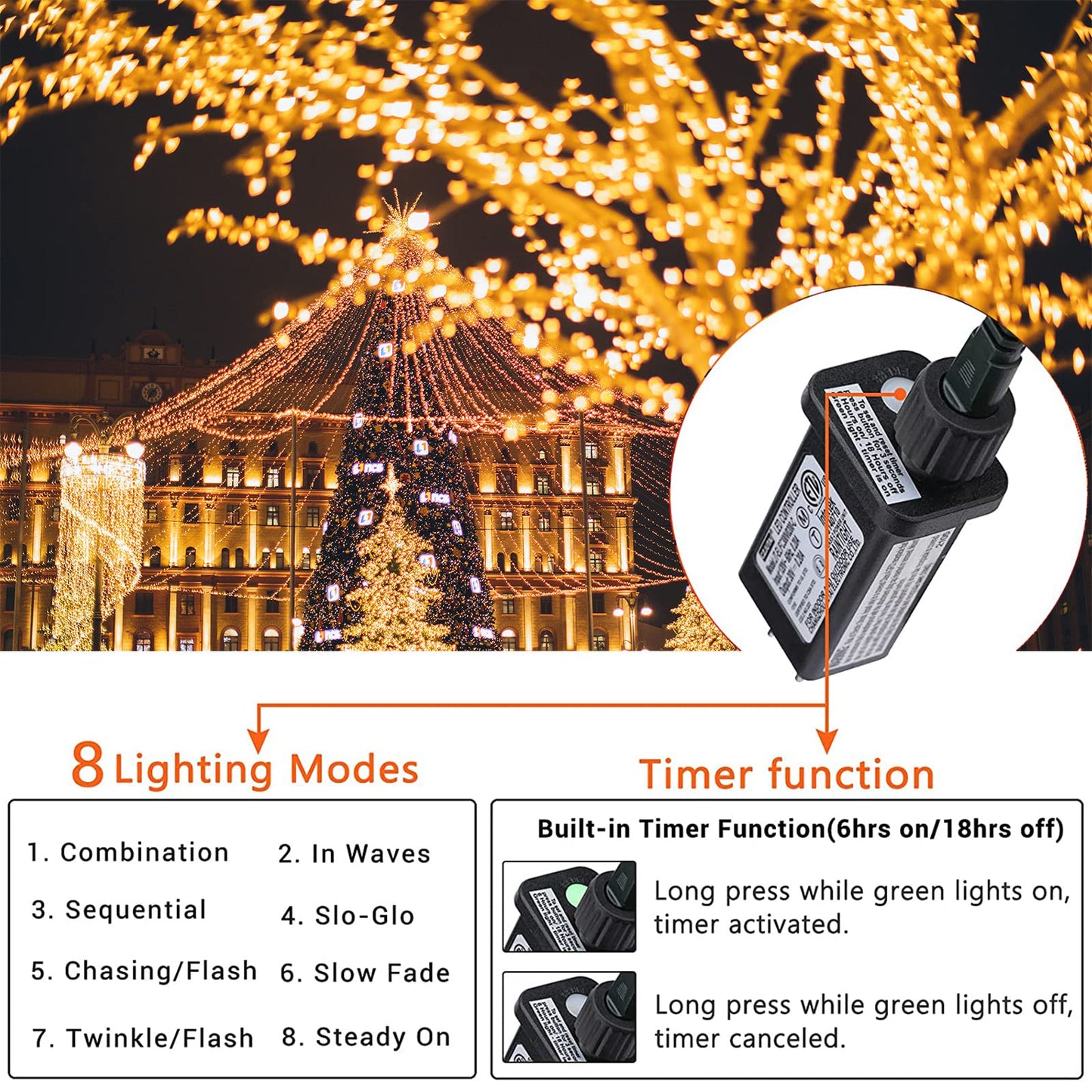 Christmas Lights Warm White, 75 Ft 200 LED Christmas String Lights Connectable, 8 Modes, Timer, Waterproof Fairy Twinkle Lights for Christmas Party, Garden, Patio, Home, Holiday, Xmas Tree Decorations