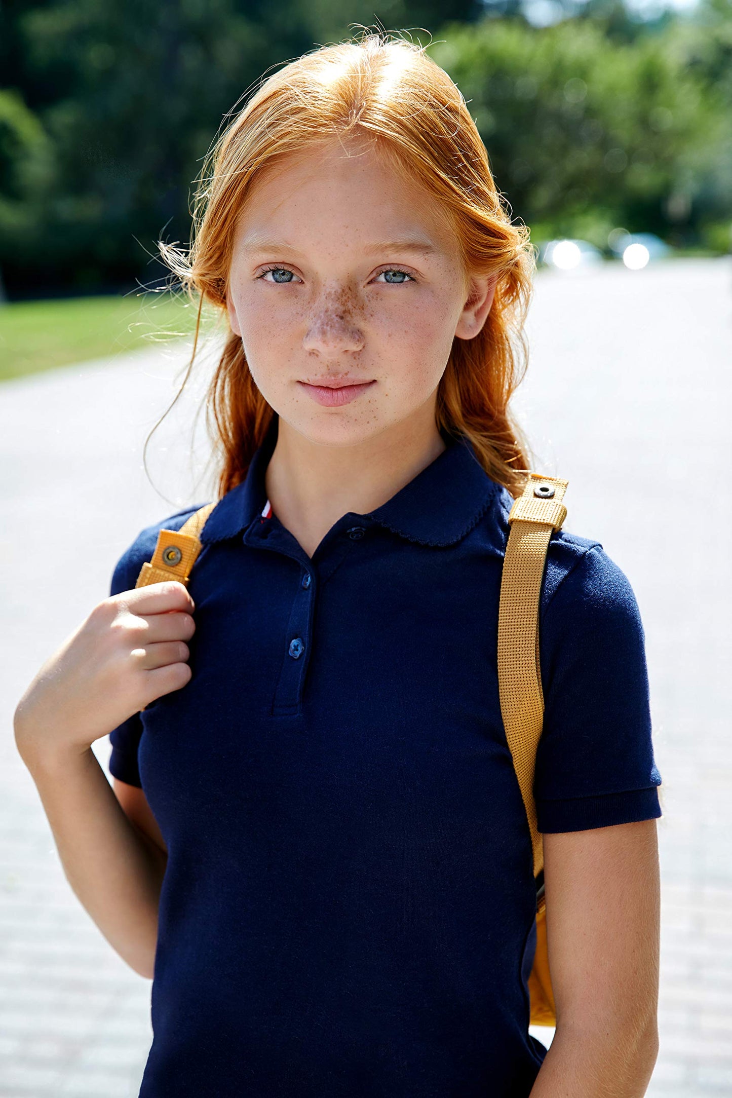 French Toast Little Girls' Toddler Short Sleeve Interlock Polo with Picot Collar, Navy, 2T