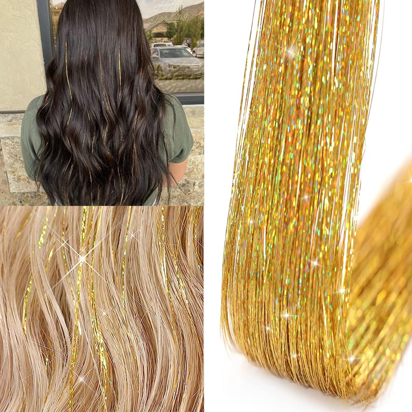 LOMIMOS 12pcs Colorful Hair Tinsel Clip, Sparkle Shiny Highlight Synthetic Extension Strand with Clip On Hair for Party Dazzle Christmas New Year Halloween Festival Cosplay Women Girl Kid 19.7”