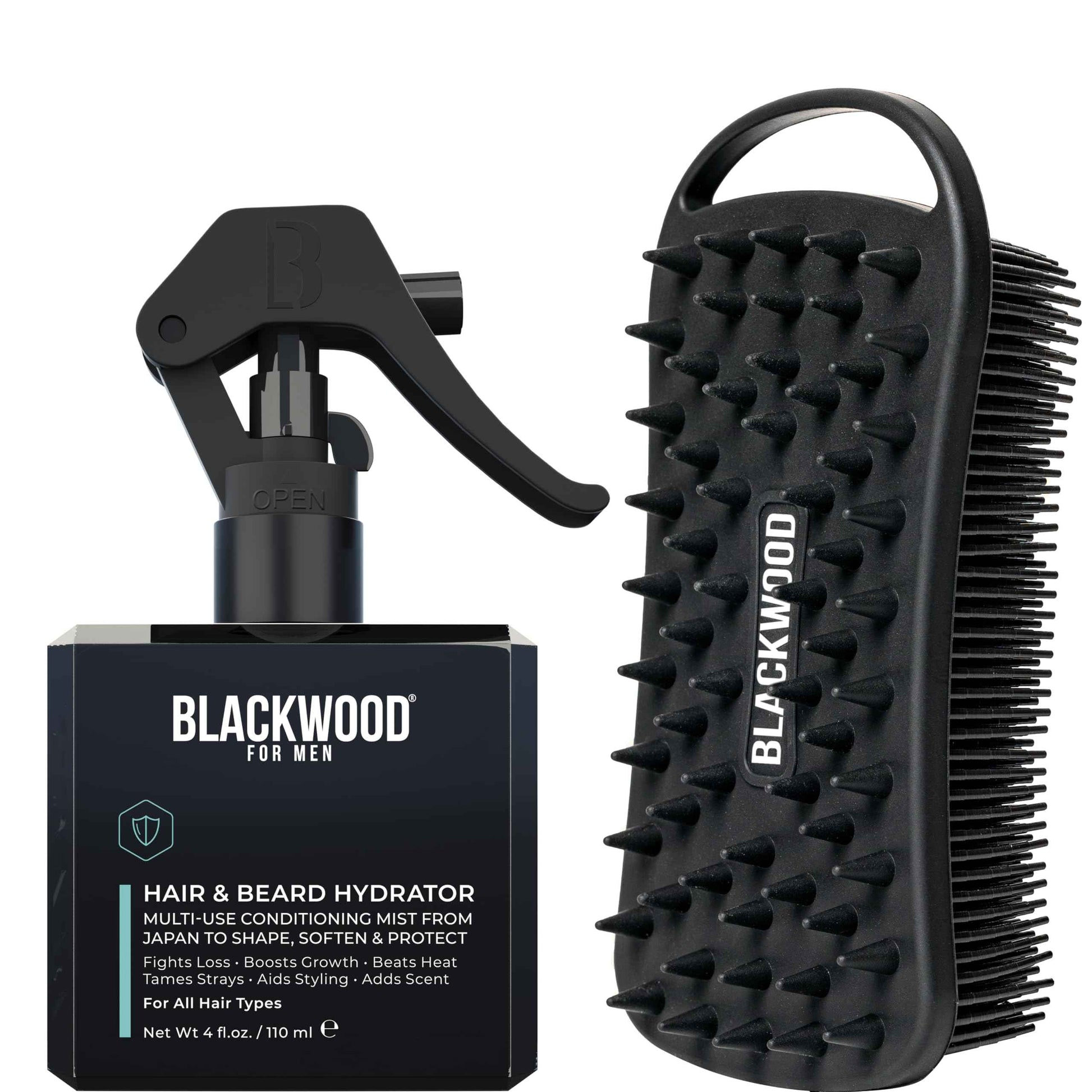 Blackwood For Men Hair & Beard Hydrator Spray (4oz) + Double Duty Beard & Body Scrubber Bundle - Vegan & Natural Leave-In Conditioner - Dual-Sided Men's Shower Tool