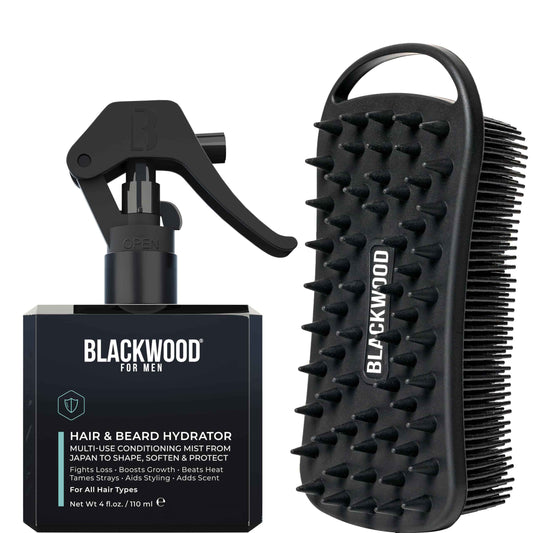 Blackwood For Men Hair & Beard Hydrator Spray (4oz) + Double Duty Beard & Body Scrubber Bundle - Vegan & Natural Leave-In Conditioner - Dual-Sided Men's Shower Tool