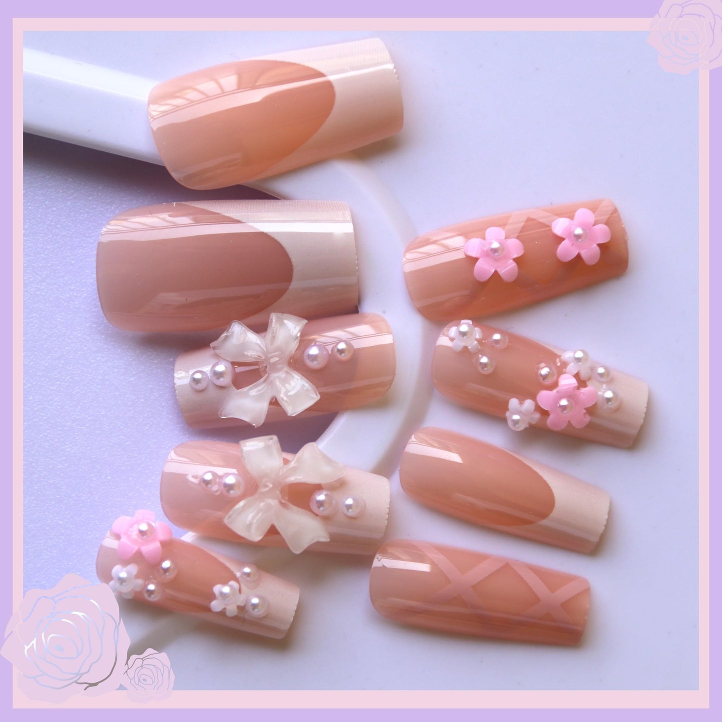 Pink Press on Nails Kit with Charms Gems French Tip Nails Press Ons Medium Square Fake Nails Artificial Coffin Gel Like Glossy 3D Flower Pearl White Bowknot False Nail Manicure for Women Girl