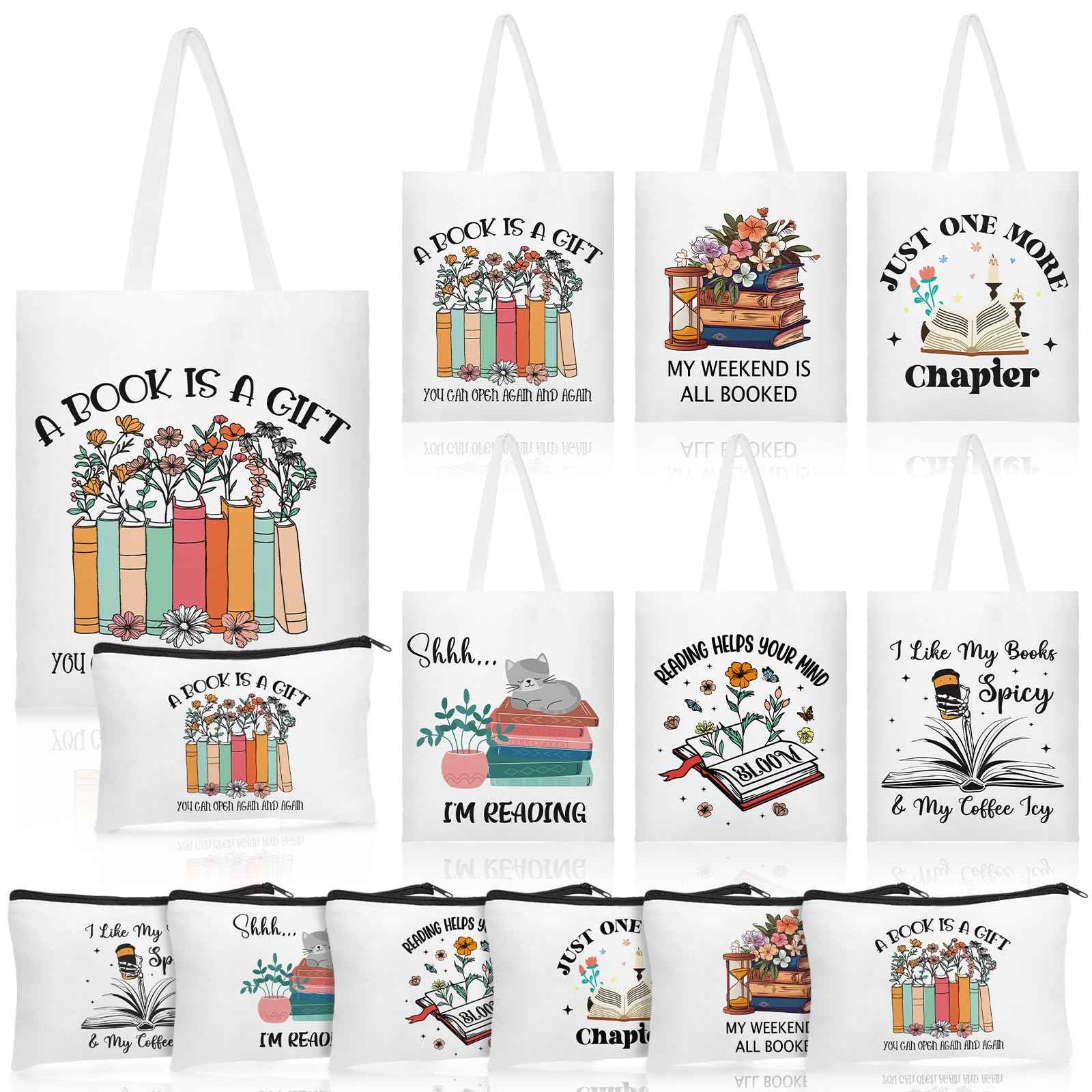 Paterr 12 Pcs Book Club Gifts Bulk Reading Canvas Tote Bag with Makeup Bag Book Lovers Gifts for Women - Reading Accessories, Librarian, Bookish, Readers, Author, Library Present