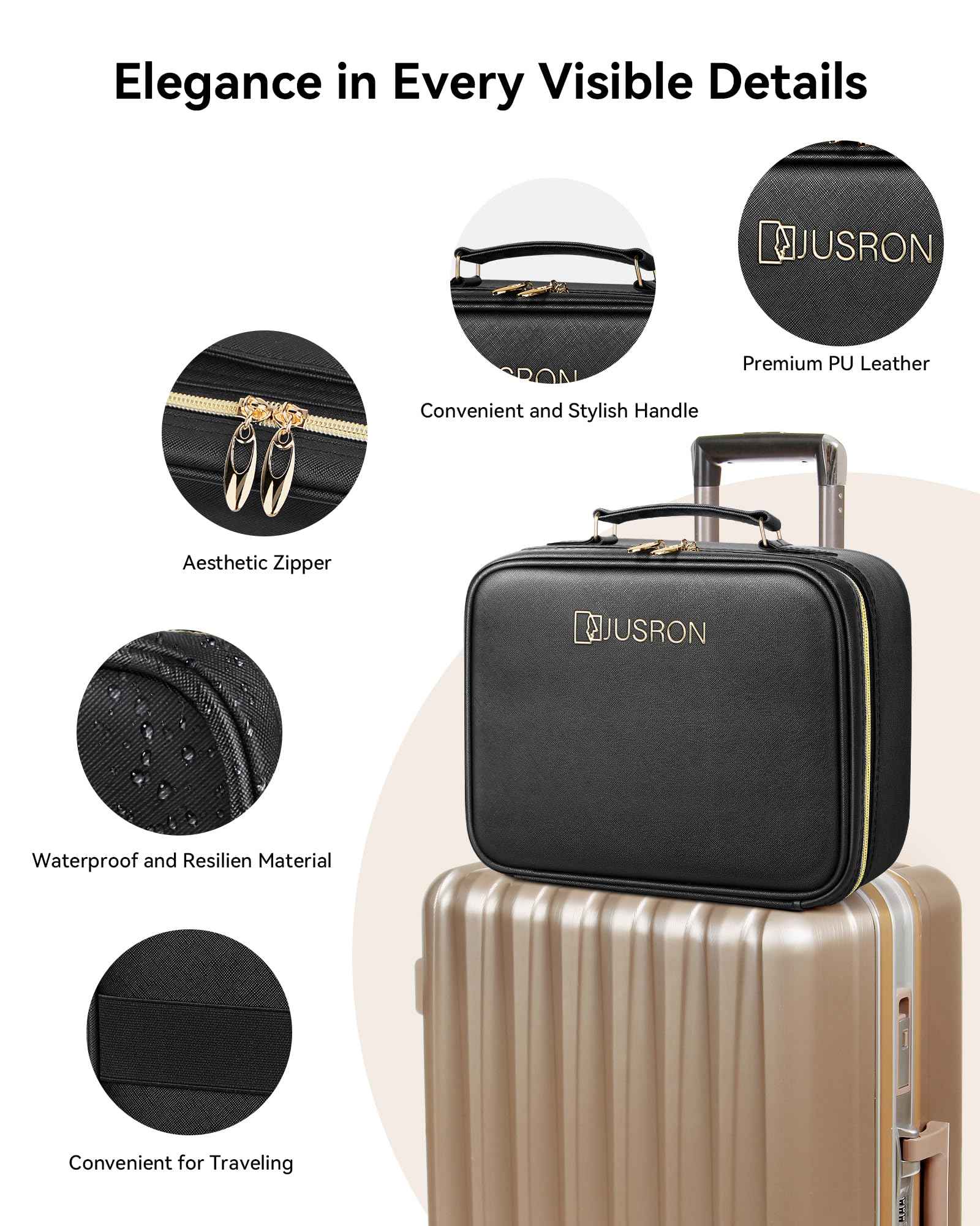 JUSRON Travel Makeup Bag With LED Mirror,Train Case with Light up Mirror, Portable Makeup Artist Organizer Bag with Adjustable Dividers (Black, Large)