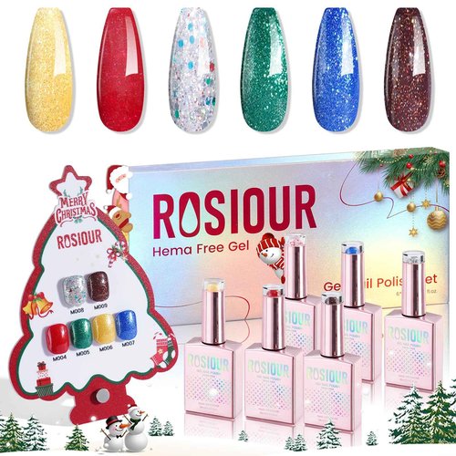6PCS Christmas Gel Nail Polish Set- Hema TPO Free Sparkle Green Blue Soak off U V Gel Polish Set with Swatch Board - Glitter Gold Silver Gel Polish Colors Nail Art Manicure Salon DIY at Home for Women