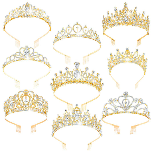 Zeyune 9 Pcs Tiaras and Crowns for Women Crystal Princess Tiara Rhinestone Brides Crown Tiara Queen Crown with Combs for Wedding Birthday Quinceanera Pageant Prom Hair Accessories(Gold)