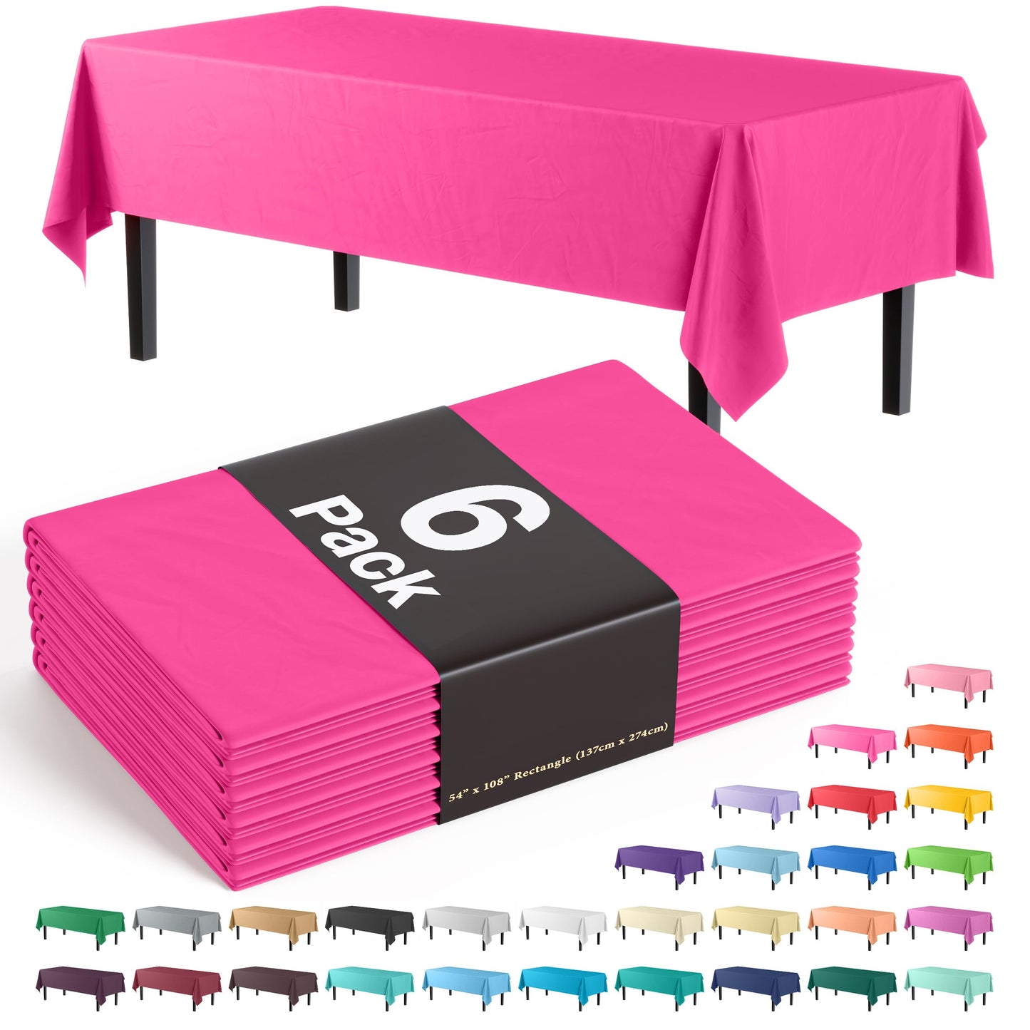 Exquisite 6-Pack Premium Plastic Tablecloth 54in. x 108in. Rectangle Plastic Table Cover - Cerise