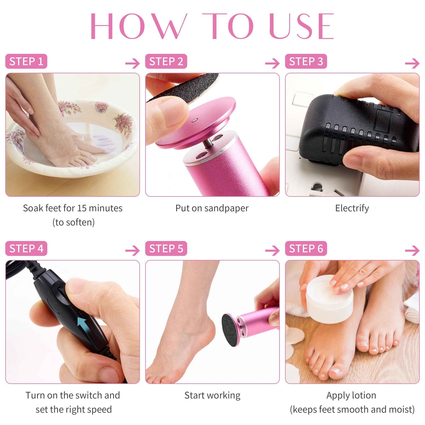 Electric Foot Callus Remover, Electric Foot Filer with 60 Pcs Replacement Sandpaper, Self-Adhesive Foot Sander with 360℃ Rotation, Aluminum Shell, Large Filing Area, and Adjustable Speed Controller