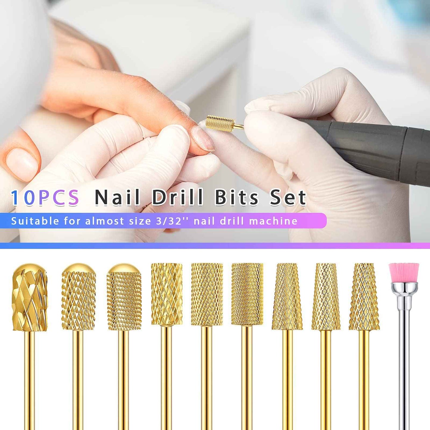 Honoson 10 Pcs Nail Drill Bits Set, 3/32 Inch Cuticle Tungsten Carbide Bits for Nail Tech, File Remove Acrylic Gel Polish, Manicure Pedicure Tools for Salon Home Supplies(Gold)