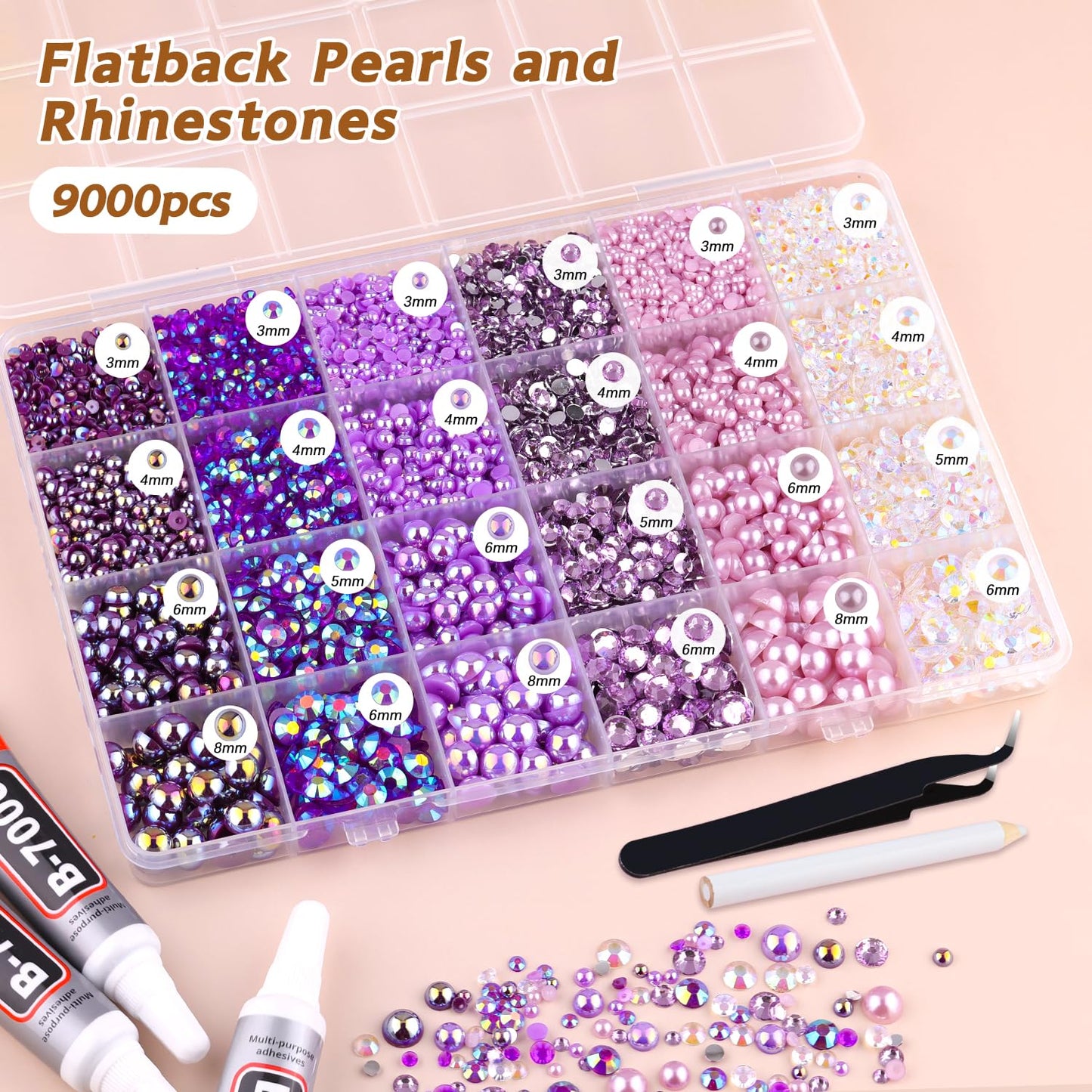 9000PCS Flatback Pearls and Rhinestones for Crafting, Purple 3-10mm Resin Rhinestones and Half Pearls for Bedazzling, Nail Art and Dec with 3pcs B7000 Jewelry Glue, Tweezer and Pickup Pencil