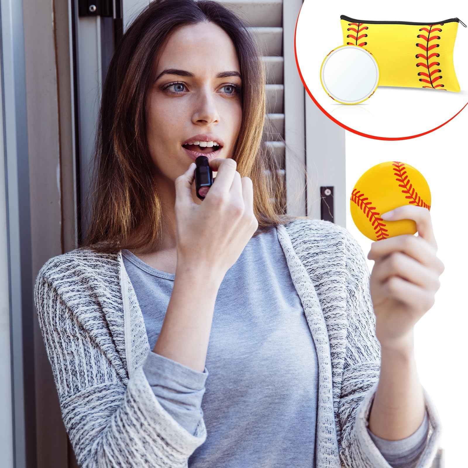 40 Pcs Softball Party Favors Softball Gifts for Team Girls Bulk Include 20 Softball Cosmetic Bag 20 Softball Compact Mirror Softball Sport Round Pocket Portable Mirror for Women Girls