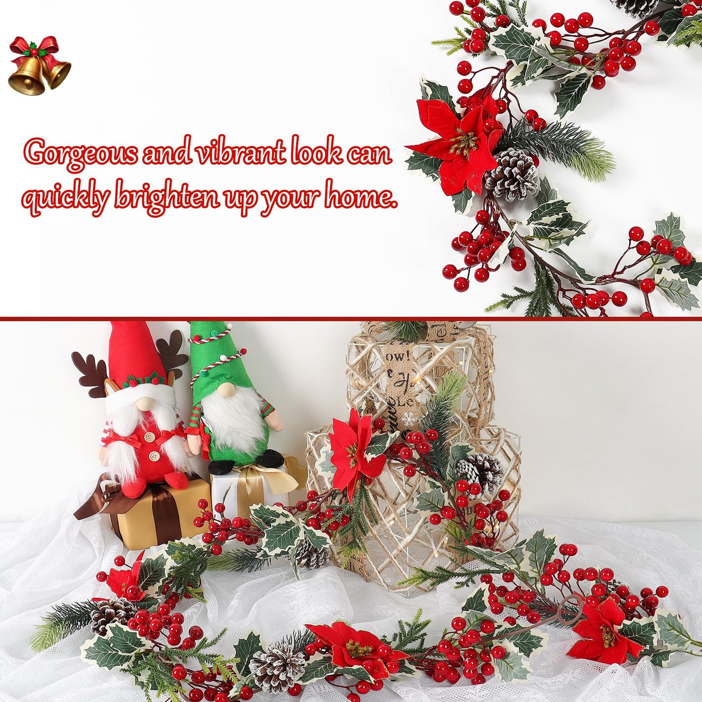 SOMYTING Christmas Garland 6FT Christmas Poinsettia Garland with Red Berries Holly Leaves Artificial Pine Needle Red Berry Garland Artificial Xmas Flower for Indoor Outdoor Christmas Decortions (2PCS)