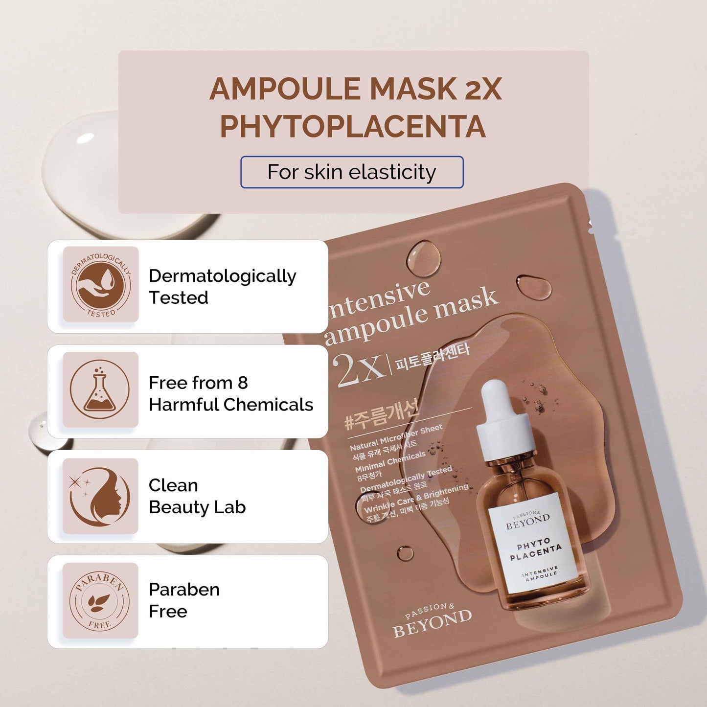BEYOND Intensive Ampoule Mask 2X Phytoplacenta (25ml/0.85fl oz * 10 sheets) - Dermatologically Tested Hypoallergenic Sheet Masks for Improved Skin Elasticity
