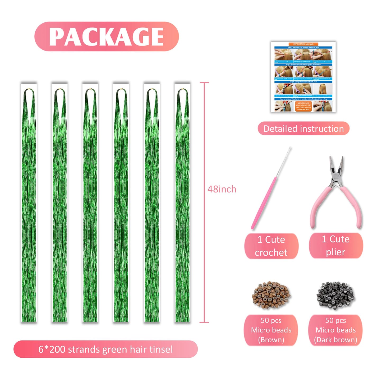 Fiwecos Green Hair Tinsel Kit 48 Inches 1200 Strands with Tools and Instruction Easy to Install Fairy Glitter Tinsel Hair Extensions for Women and Girls，Shinny Sparkling Braiding Hair Accessories