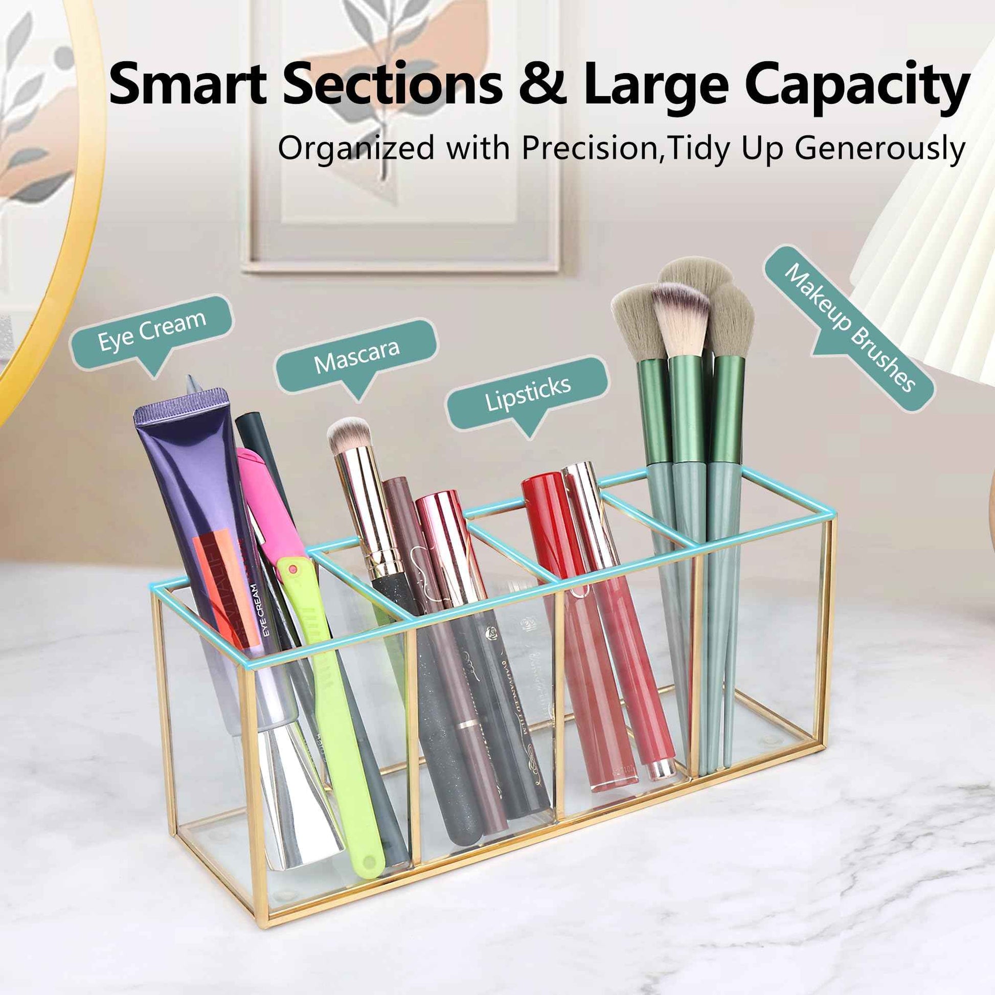 ELEGANTLIFE Clear Glass Makeup Brush Organizer,Luxurious Tempered Glass Cosmetics Brushes Storage Holder for Refined Bathroom Decor (Gold, 4 Sections)