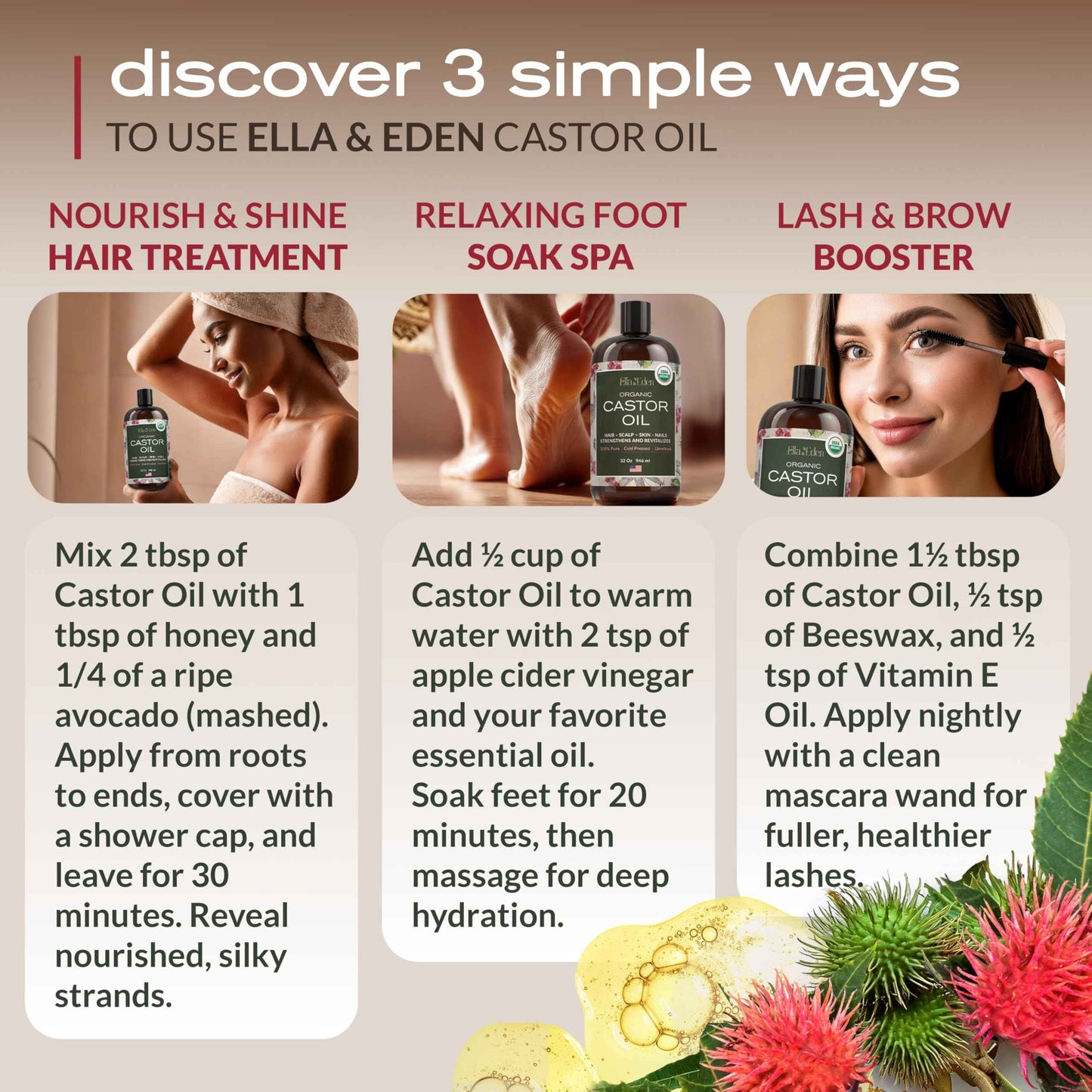 Ella & Eden Organic Castor Oil 16 Oz & Moroccan Argan Oil 4 Oz | Glass Bottle | Hair, Skin, Face, Nails | Cold-Pressed, Unrefined, Hexane-Free, USDA Certified, 100% Pure