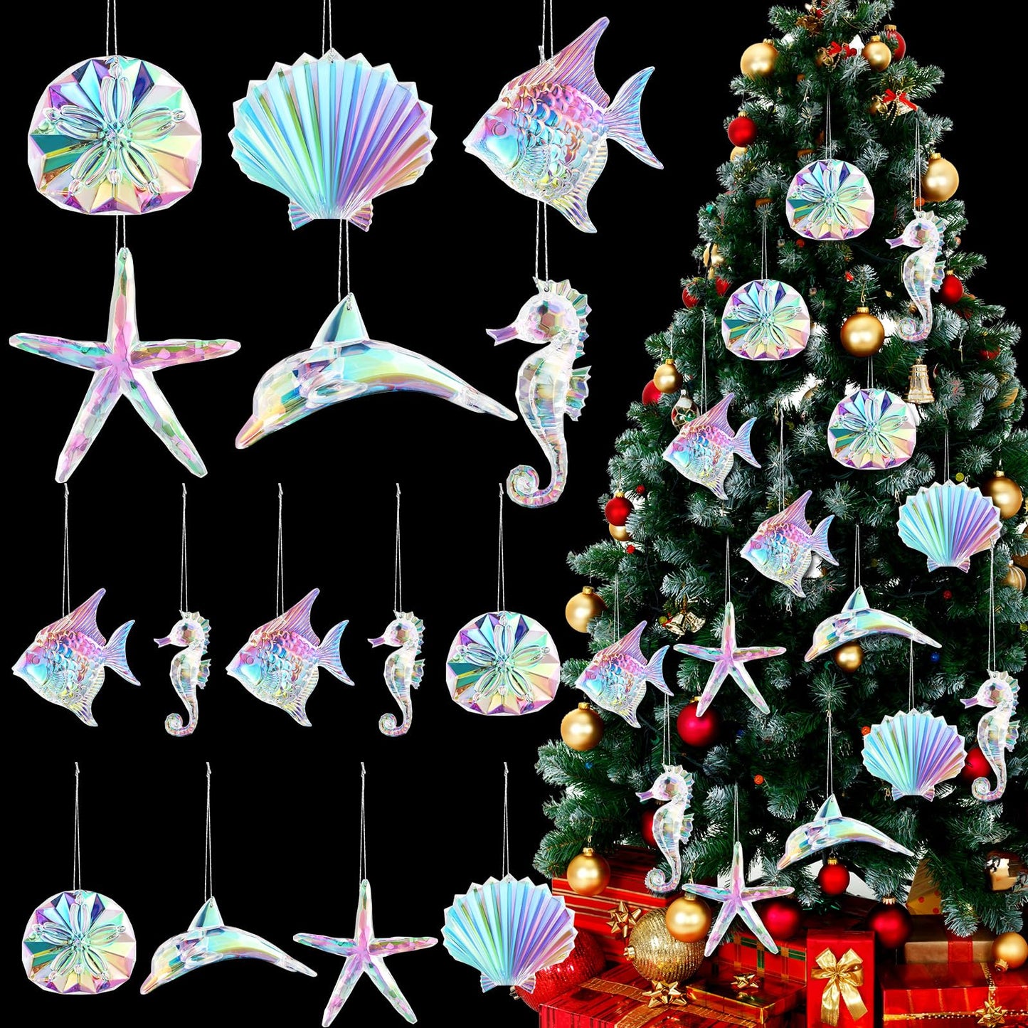 Geetery 15 Pcs Candy Themed Christmas Tree Decorations Hanging Christmas Decorations Hand Blown Art Ornaments with Ropes for Christmas Xmas Party Decorations(Ocean Style)