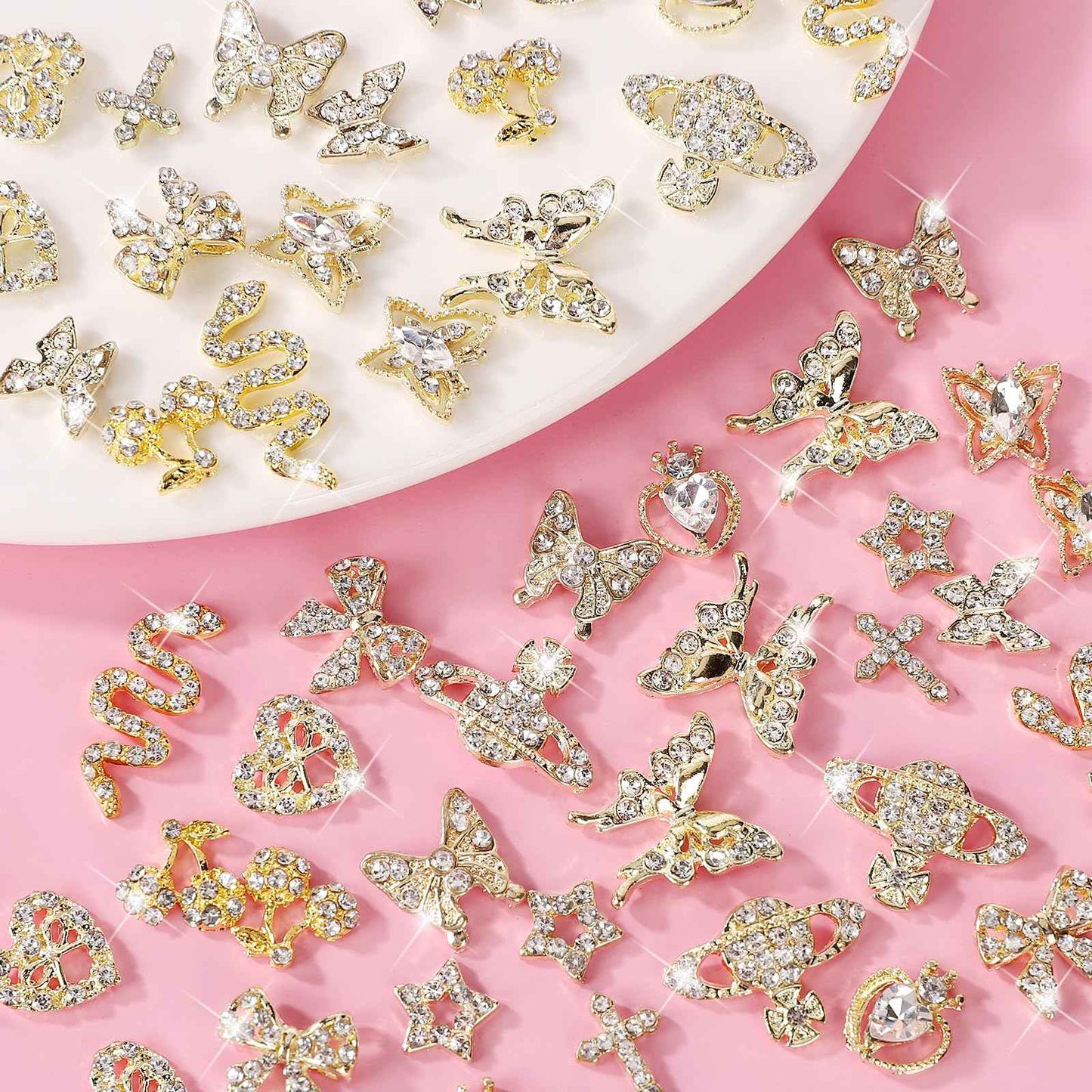 CUBLIVE 24PCS Nail Charms Y2k Alloy Nail Art Rhinestone Charms 3D Heart Bow Butterfly Charm with Rhinestones Cherry Nail Gems Shiny Jewelry Nail Decorations Accessories Supplies (SG)