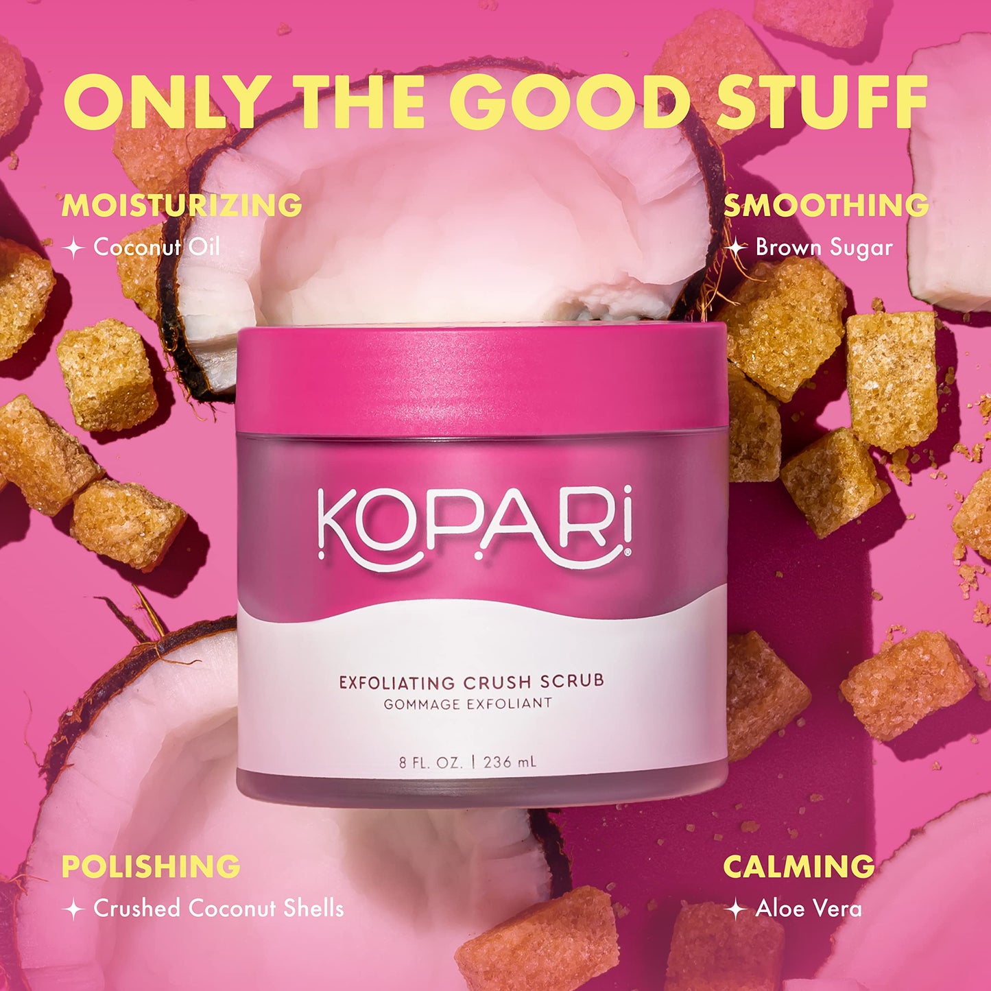 Kopari Coconut Crush Scrub - Brown Sugar Scrub to Exfoliate, Shrink the Appearance of Pores, Help Undo Dark & Age Spots + More With 100% Organic Coconut Oil, Non GMO, and Cruelty Free, 8 Oz