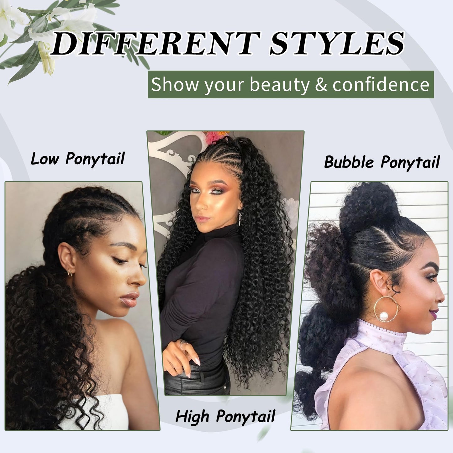 Alebery 27 Inch Drawstring Ponytail Extension for Black Women Deep Curly Ponytail Extension Synthetic Mixed with Human Hair Hairpieces Afro Kinky Curly Pony Tail for Daily Use (Black)