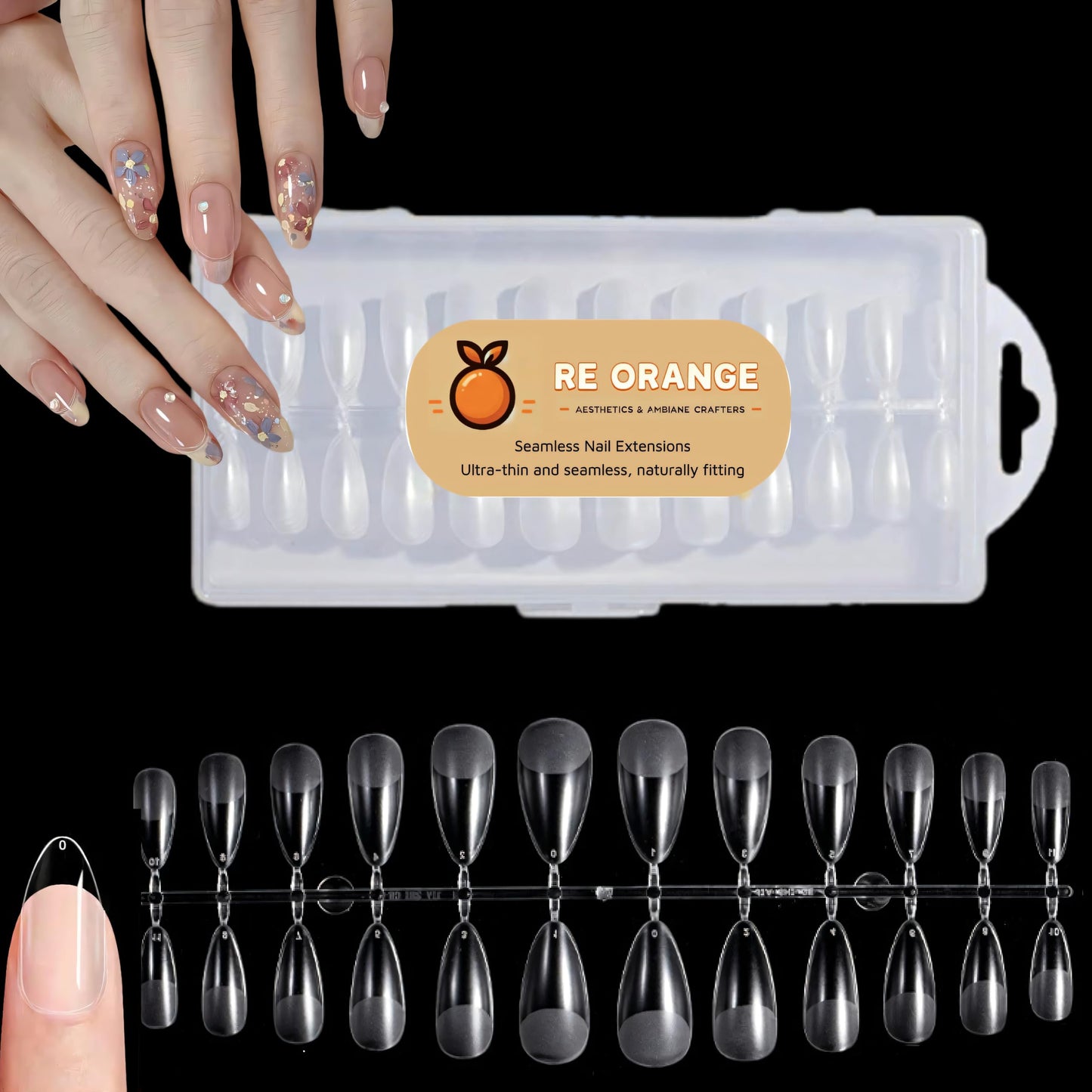 240Pcs Almond Press On Nail Tips - Clear Acrylic Ultra-Thin Seamless Full Cover Nail Tips, 12 Sizes Kit for DIY Home Manicure, Strong Hold, Flexible for Beginners