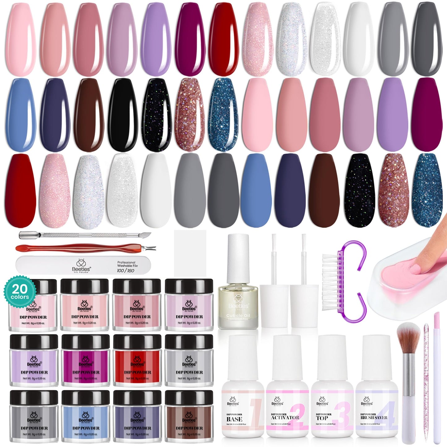 Beetles 27Pcs Dip Powder Nail Kit Starter, 20 Colors Modern Muse Collection Dipping Powder Set Nude Pink Blue Glitter for Nail Art Manicure with Base Top Coat Activator Brush Saver Gift Box