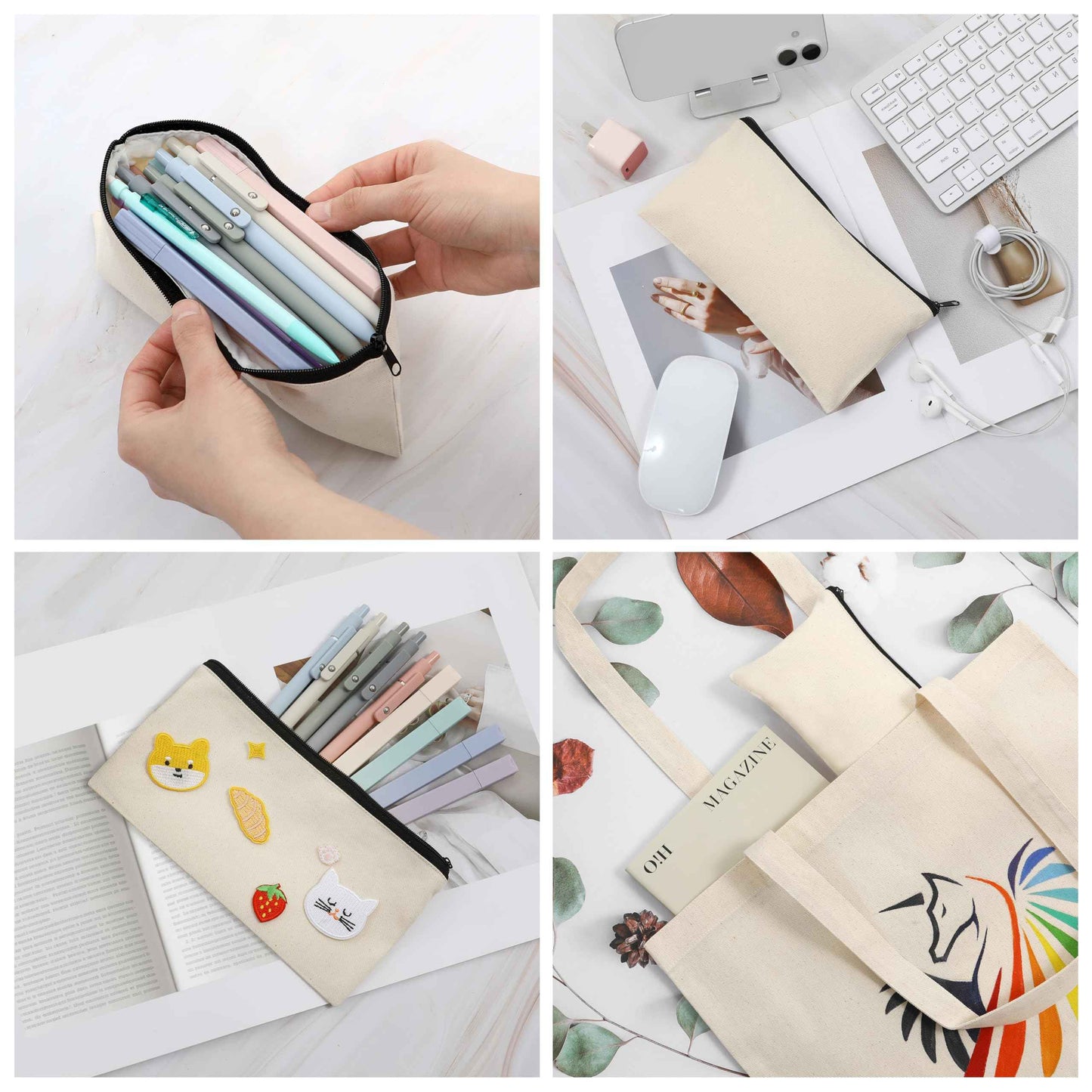 Phicorn Small Canvas Zipper Pouch – 6-Pack (8" x 4.2") Blank Natural Cotton Bags with White Lining for DIY Crafts, Makeup, Travel & Everyday Organizing